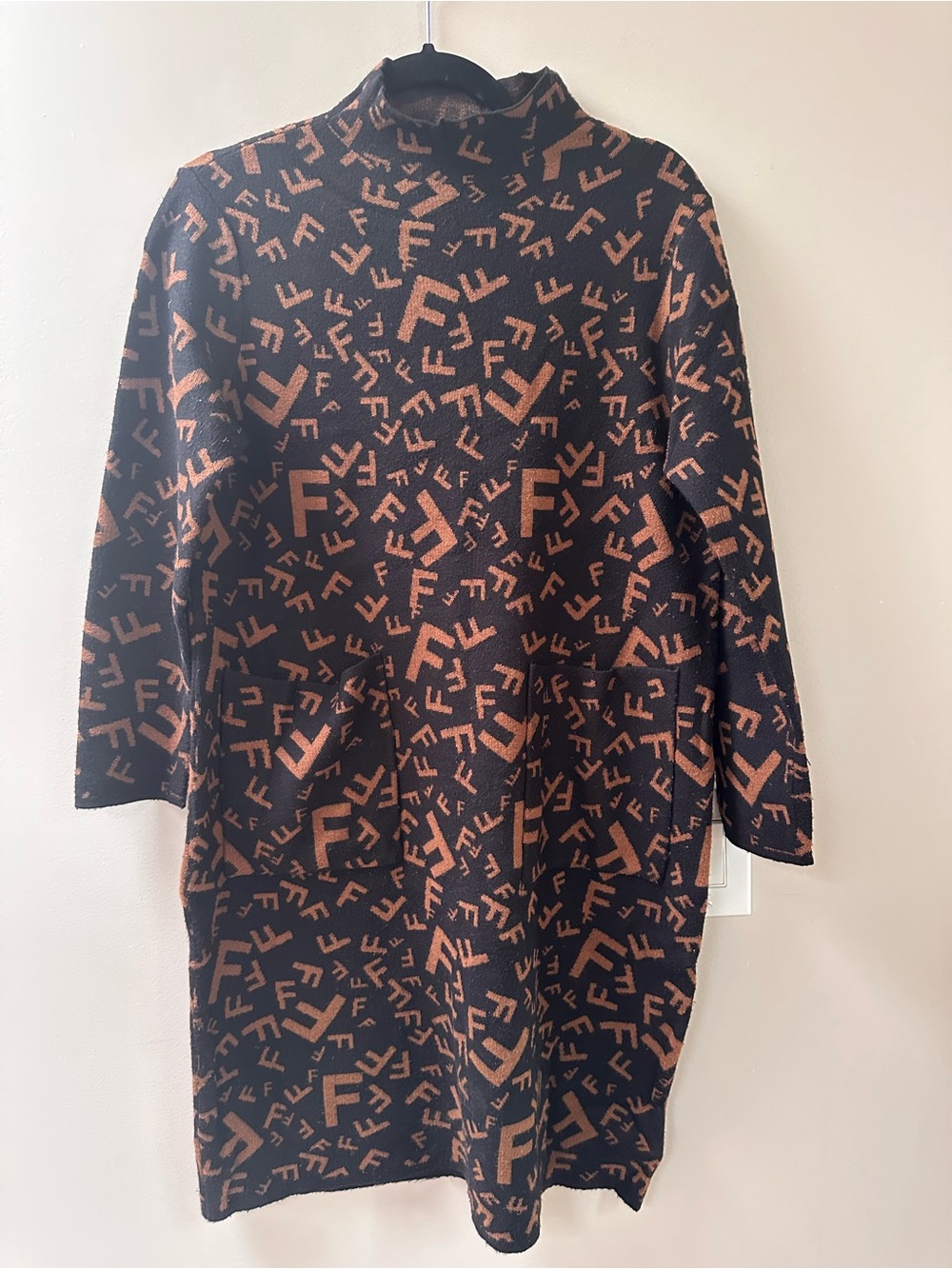 Black & Brown Patterned Long Knit Dress with Two Front Pockets